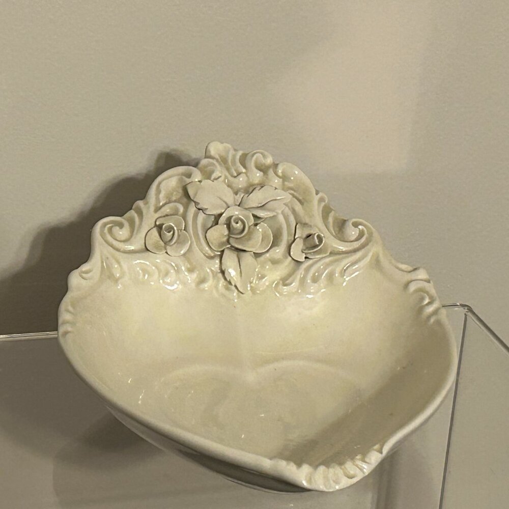 Italian Ceramic Heart Shaped Candy / Trinket Dish with Floral Raised Relief